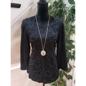 Cable & Gauge Top Blouse Women Large Black Textured Stretch Long Sleeve Pullover